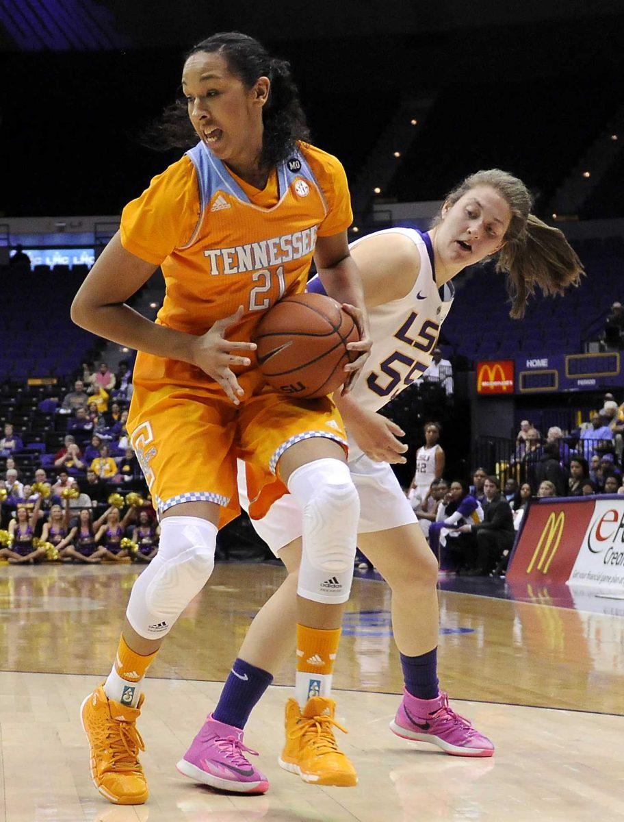 Tennessee freshman center Mercedes Russell (21) steals the ball from LSU senior forward Theresa Plaisance (55) on Thursday, Feb. 27, 2014 during the Lady Tigers' 72-67 loss to the Lady Vols in the PMAC.