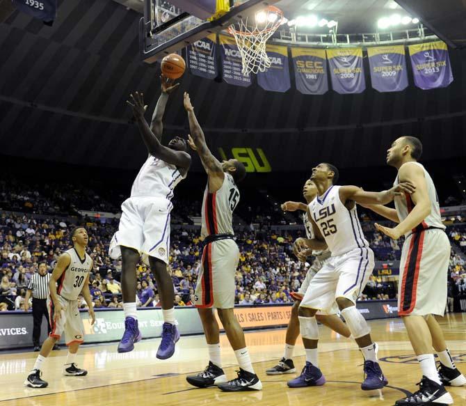 LSU junior forward Johnny O'Bryant III (2) shoots the ball during the Tigers' 61-69 loss to Georgia in the PMAC.