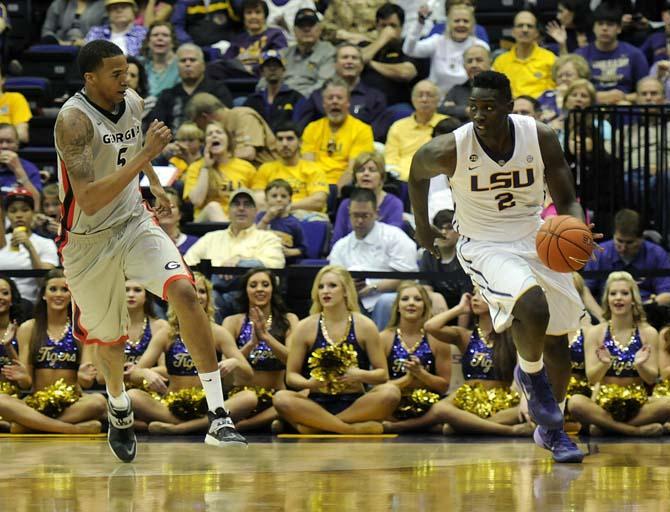 LSU junior forward Johnny O'Bryant III (2) sprints down the court Saturday, March 8, 2014 during the Tigers' 61-69 loss to Georgia in the PMAC.