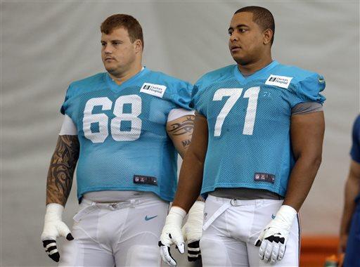 FILE - In this July 24, 2013, file photo, Miami Dolphins guard Richie Incognito (68) and tackle Jonathan Martin (71) stand on the field during NFL football practice in Davie, Fla. Pending free agency and a racially charged bullying scandal could add up to a completely overhauled Miami Dolphins offensive line and some players looking for a job. Several Miami linemen are at the center of the NFL-ordered report, including Incognito, Martin, John Jerry and Mike Pouncey. (AP Photo/Lynne Sladky, File)