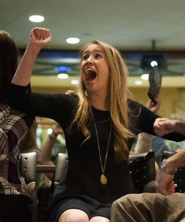 Newly-elected Student Government vice president Taylor Lambert celebrates Wednesday, March 25, 2014, during SG eleciton results announcements in the Student Union.