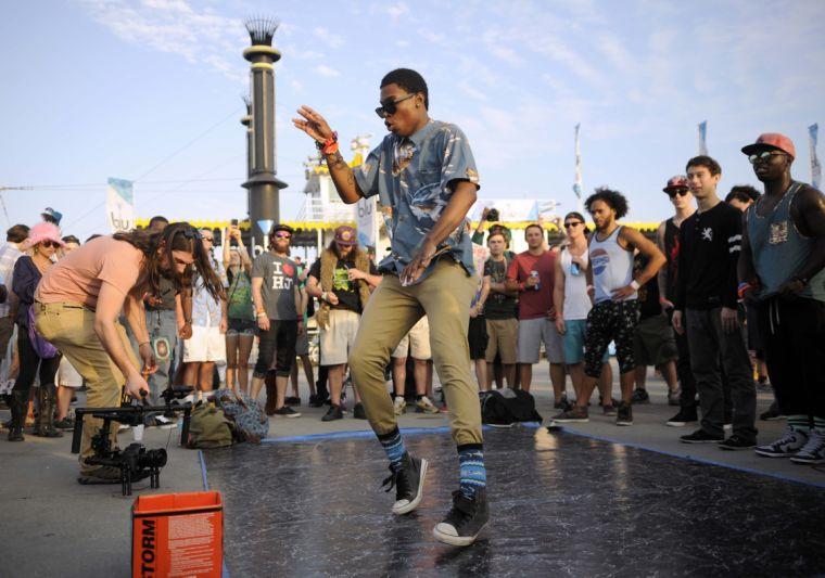 A break dancer takes the mat Saturday, March 22, 2014 during Buku Music + Art Project at Mardi Gras World in New Orleans.