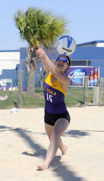 LSU sophomore Haley Smith (15) hits the ball Wednesday, March 12, 2014 during a scrimmage at Mango's Outdoor Volleyball.