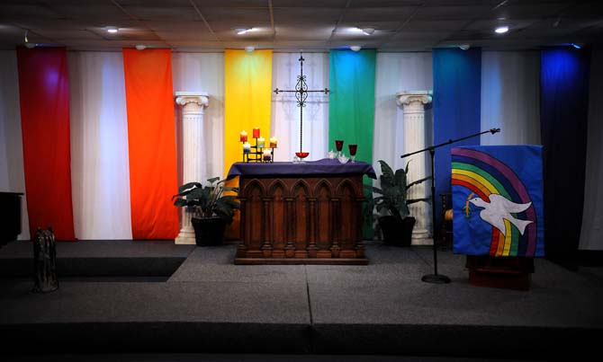 Rainbow banners were hung at the Metropolitan Community Church Wednesday, June 26, 2013 in celebration of both DOMA and California's Prop 8 being ruled unconstitutional by the Supreme Court.