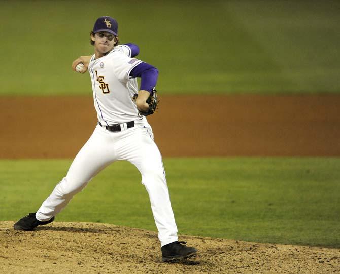 LSU junior pitcher Aaron Nola (10) pitches to the plate Friday, March 7, 2014 during the Tigers' 10-0 victory against Purdue at Alex Box Stadium.