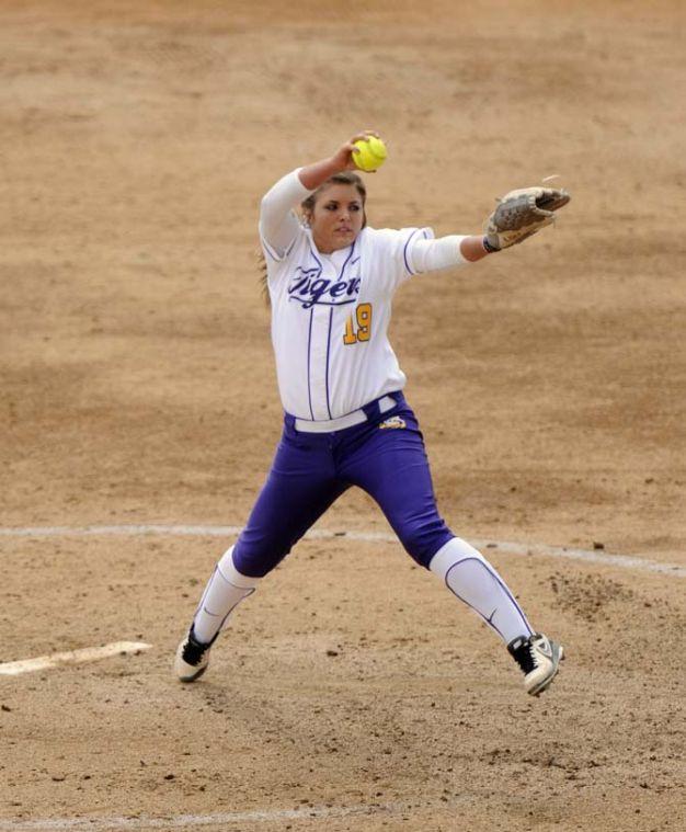 LSU fresman pitcher Baylee Corbello (19) winds up Sunday, March 16, 2014 during the Tigers' 2-10 loss to Florida in Tiger Park.