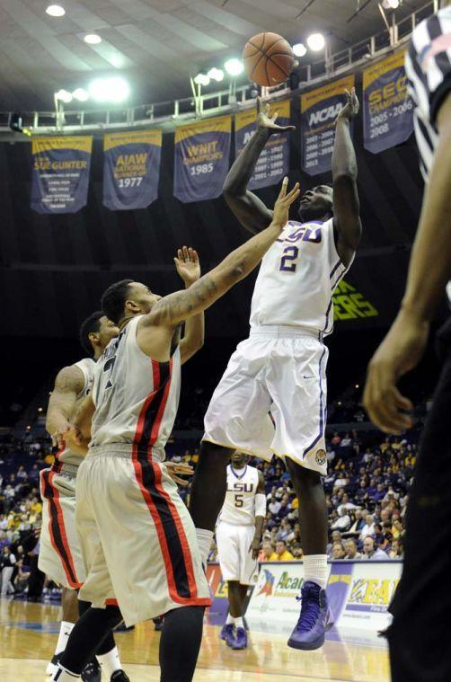 LSU junior forward Johnny O'Bryant III (2) shoots the ball during the Tigers' 61-69 loss to Georgia in the PMAC.