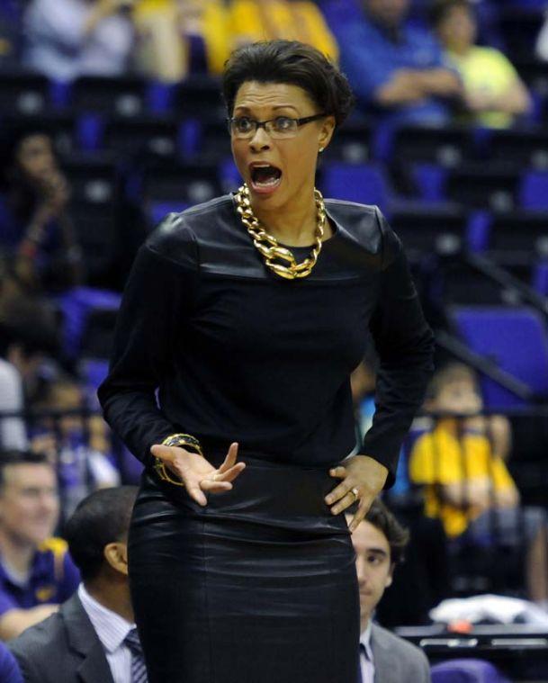 LSU women's basketball head coach Nikki Caldwell speaks to a referee Sunday, March 23, 2014, during the Tigers' 98-78 victory against Georgia Tech in the PMAC.