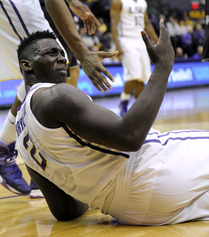 LSU junior forward Johnny O'Bryant III (2) looks up at a referee Wednesday, Feb. 26, 2014 during the Tigers' 68-49 victory against Texas A&amp;M in the PMAC.