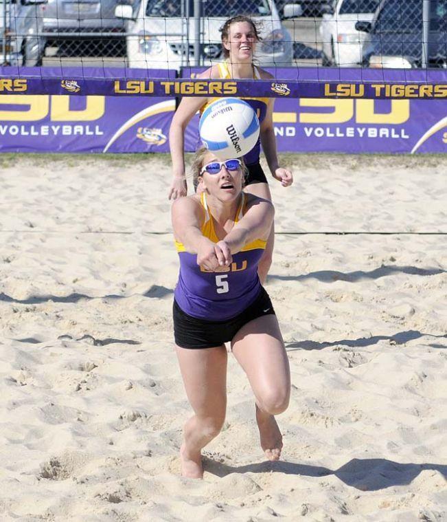 LSU sophomore Katie Lindelow (5) hits the ball Wednesday, March 12, 2014 during a scrimmage at Mango's Outdoor Volleyball.