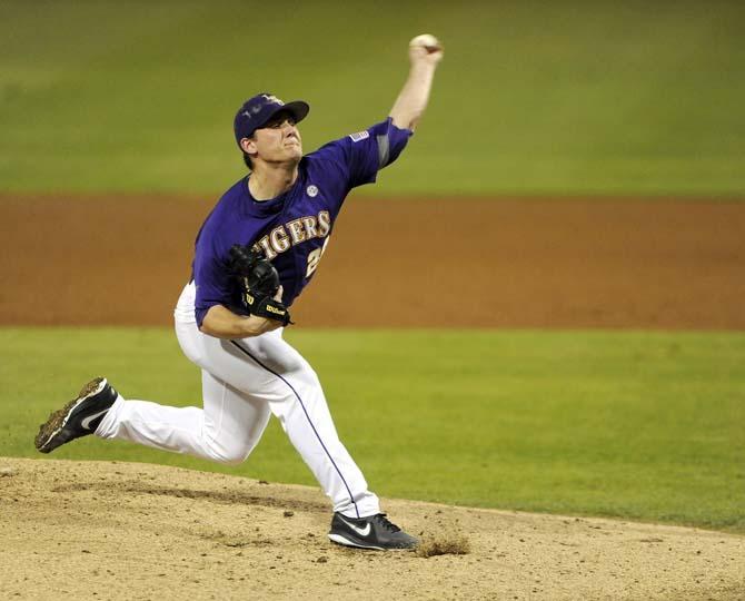 LSU junior southpaw pitcher Kyle Bouman (28) pitches to the plate Saturday, March 8, 2014 during the Tigers' 4-2 victory against Purdue at Alex Box Stadium.