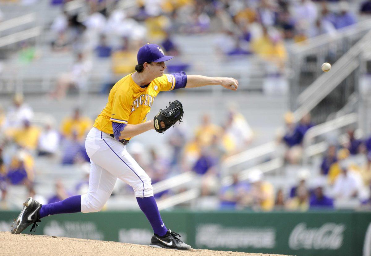 LSU junior left-handed pitcher Cody Glenn (24) pitches Sunday, Mar. 9, 2014 during the Tigers' 7-3 victory against Purdue.