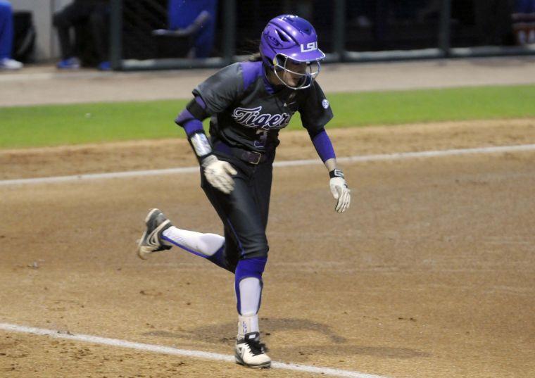 LSU sophomore infielder Sandra Simmons (3) runs to first base during the Lady Tigers' 3-2 victory against the Gators on March 15, 2014 at Tiger Park.