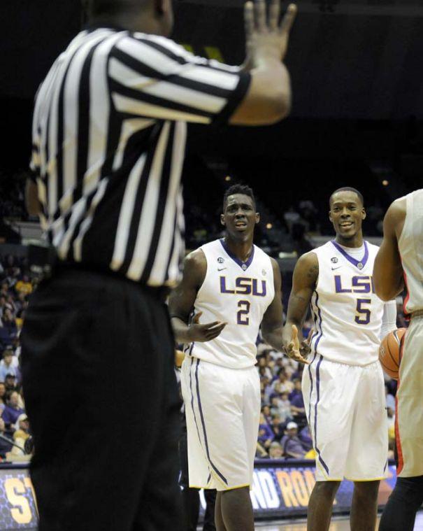 LSU junior forward Johnny O'Bryant III (2) and senior forward Shavon Coleman (5) look at a referee with surprise during the Tigers' 61-69 loss to Georgia in the PMAC.