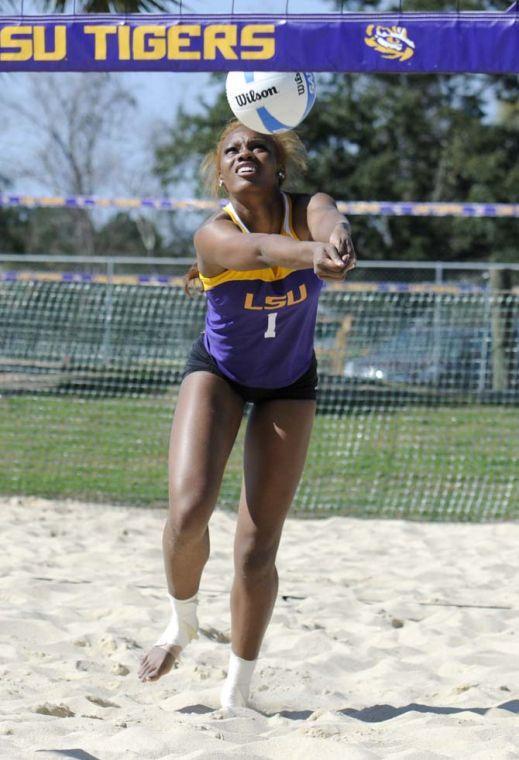 LSU sophomore Khourtni Fears (1) hits the ball Wednesday, March 12, 2014 during a scrimmage at Mango's Outdoor Volleyball.