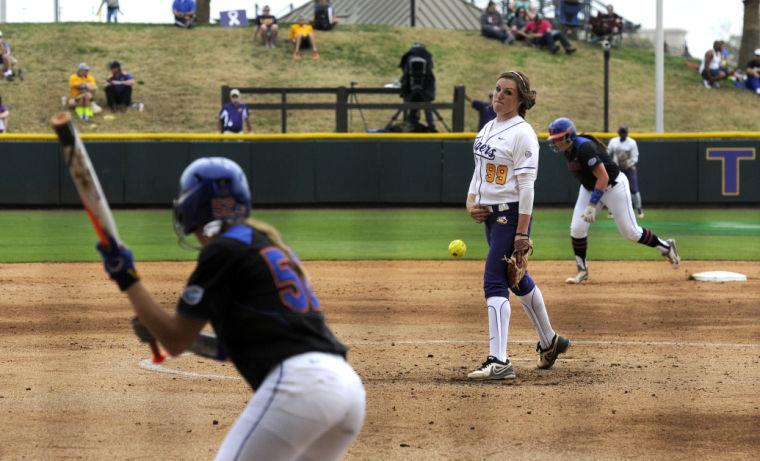 LSU senior pitcher Ashley Czechner (99) throws the ball Sunday, March 16, 2014 during the Tigers' 2-10 loss to Florida in Tiger Park.