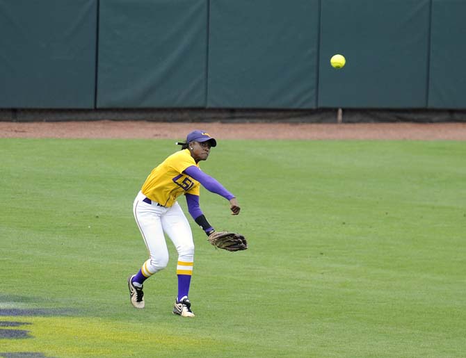 LSU junior outfielder A.J. Andrews (6) throws the ball infield Sunday, April 6, 2014, during the Tigers' 9-0 loss to Tennessee in Tiger Park.