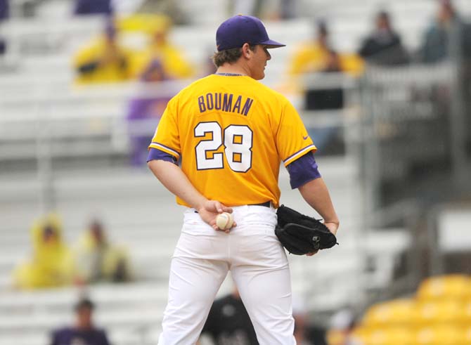 LSU junior left-handed pitcher Kyle Bouman (28) pitches Sunday, April 6, 2014 during the Tigers' 17-4 victory against Mississippi State at Alex Box Stadium.