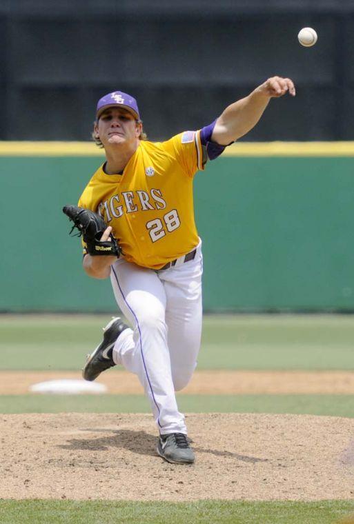 LSU junior left-handed pitcher Kyle Bouman (28) warms up before an inning Sunday, April 27, 2014, during the Tigers' 9-4 victory against Tennessee in Alex Box Stadium.