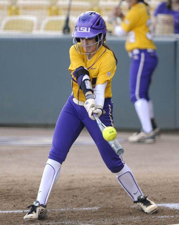 LSU sophomore infielder Sandra Simmons (3) hits the ball Wednesday, April 23, 2014 during the Lady Tigers' 6-1 victory against the University of South Alabama at Tiger Park.