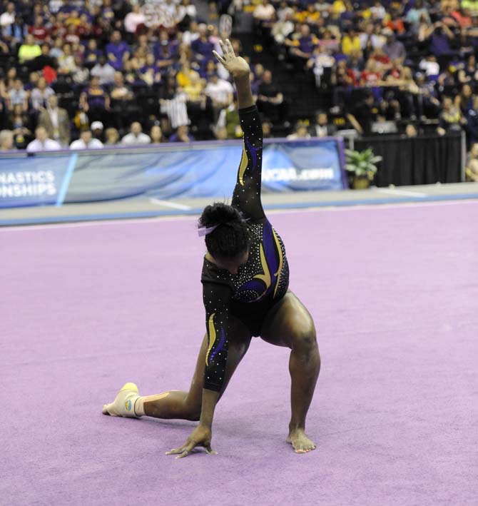 LSU junior all-around Britney Ranzy performs her floor routine Saturday, April 5, 2014, during an NCAA Gymnastics Regional meet in the PMAC. The Tigers won the meet with a school-record score of 198.325.