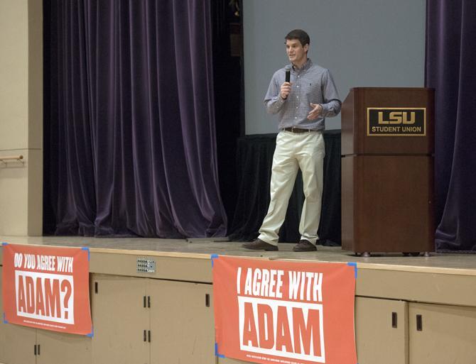 LSU kinesiology senior Adam Roethele talks to a crowd Friday, April 3, 2014 in the LSU Royal-Cotillion Ballroom.