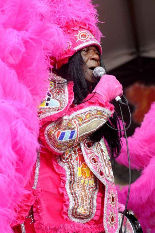 Big Chief Monk Boudreaux and the Golden Eagles perform Sunday, April 27, 2014, during the New Orleans Jazz and Heritage Festival.