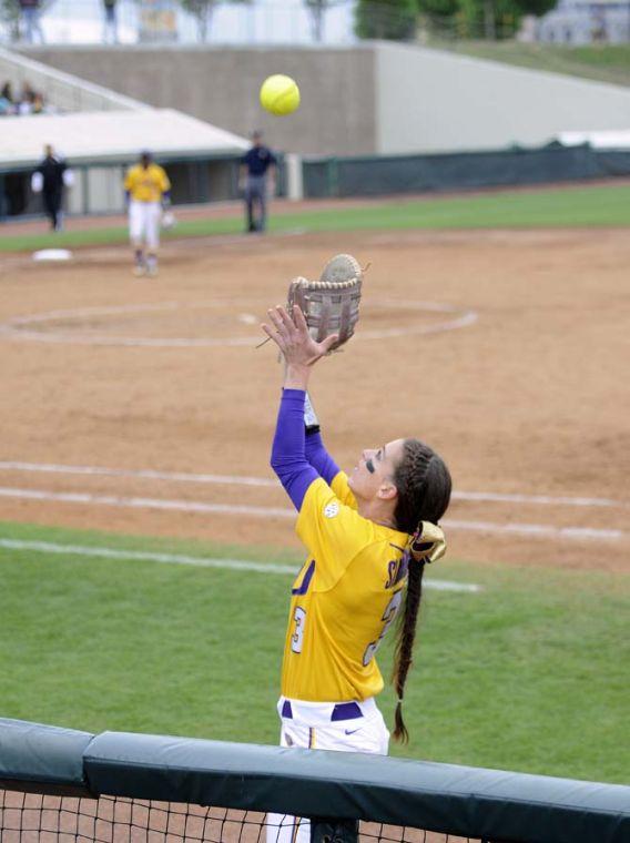 LSU sophomore infielder Sandra Simmons (3) catches a foul ball Sunday, April 6, 2014, during the Tigers' 9-0 loss to Tennessee in Tiger Park.