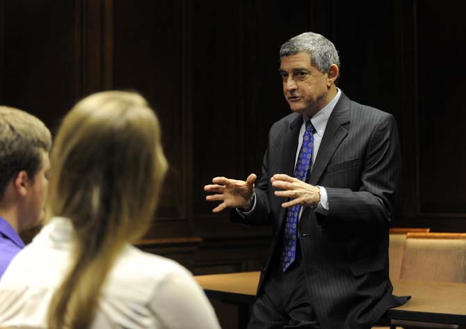 Louisiana Lt. Gov. Jay Dardenne speaks to a small crowd of students about voter apathy amongst millennials Wednesday, April 2, 2014 in the Red River Room of the Student Union.