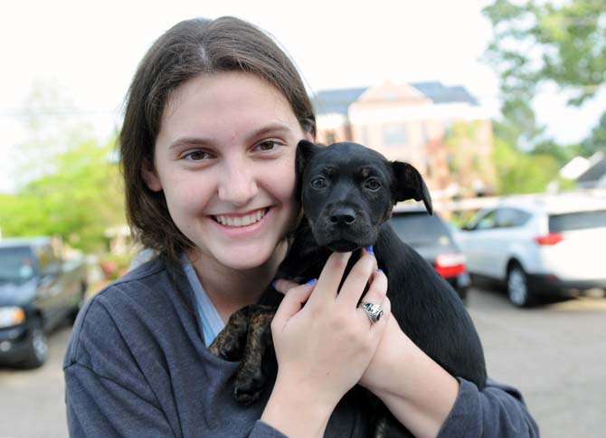 High school student Katherine Young holds an adoptable puppy Monday, April 7, 2014 at the Woofstock event at Petz Plaza on Jefferson Highway.