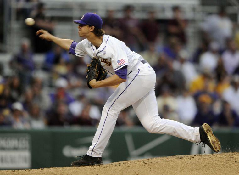 LSU junior pitcher Aaron Nola (10) pitches the ball during the Tigers' 3-0 victory against Mississippi State on Friday, April 4, 2014 at Alex Box Stadium.