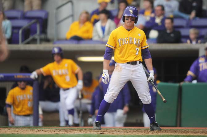 LSU senior outfielder Sean McMullen (7) stands at home-plate Sunday, April 6, 2014 during the Tigers' 17-4 victory against Mississippi State at Alex Box Stadium.