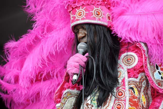 Big Chief Monk Boudreaux and the Golden Eagles perform Sunday, April 27, 2014, during the New Orleans Jazz and Heritage Festival.