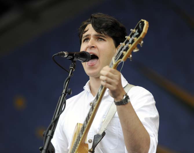 Ezra Koenig of Vampire Weekend sings Sunday, April 26, 2014, during the New Orleans Jazz and Heratige Festival.