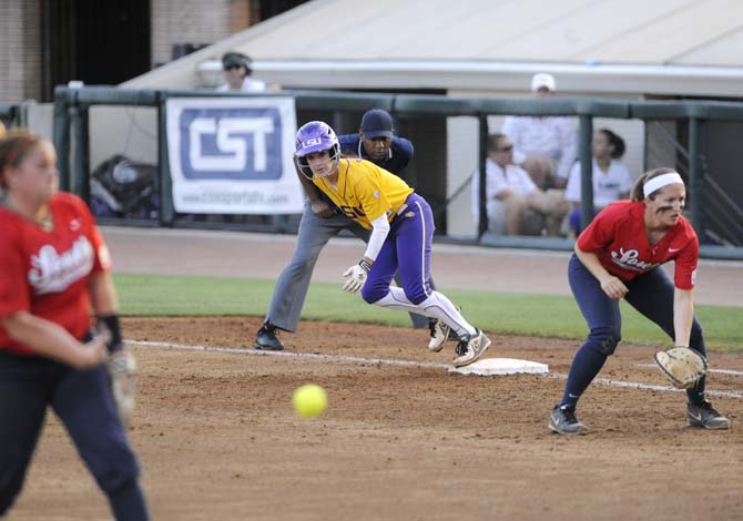 LSU sophomore infielder Sandra Simmons (3) watches the ball from first base Wednesday, April 23, 2014 during the Lady Tigers' 6-1 victory against the University of South Alabama at Tiger Park.