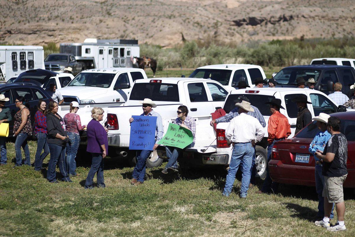 Supporters prepare to rally for Cliven Bundy at the Bundy ranch near Bunkerville Nev. Monday, April 7, 2014. The Bureau of Land Management has begun to round up what they call "trespass cattle" that rancher Cliven Bundy has been grazing in the Gold Butte area 80 miles northeast of Las Vegas. (AP Photo/Las Vegas Review-Journal, John Locher)