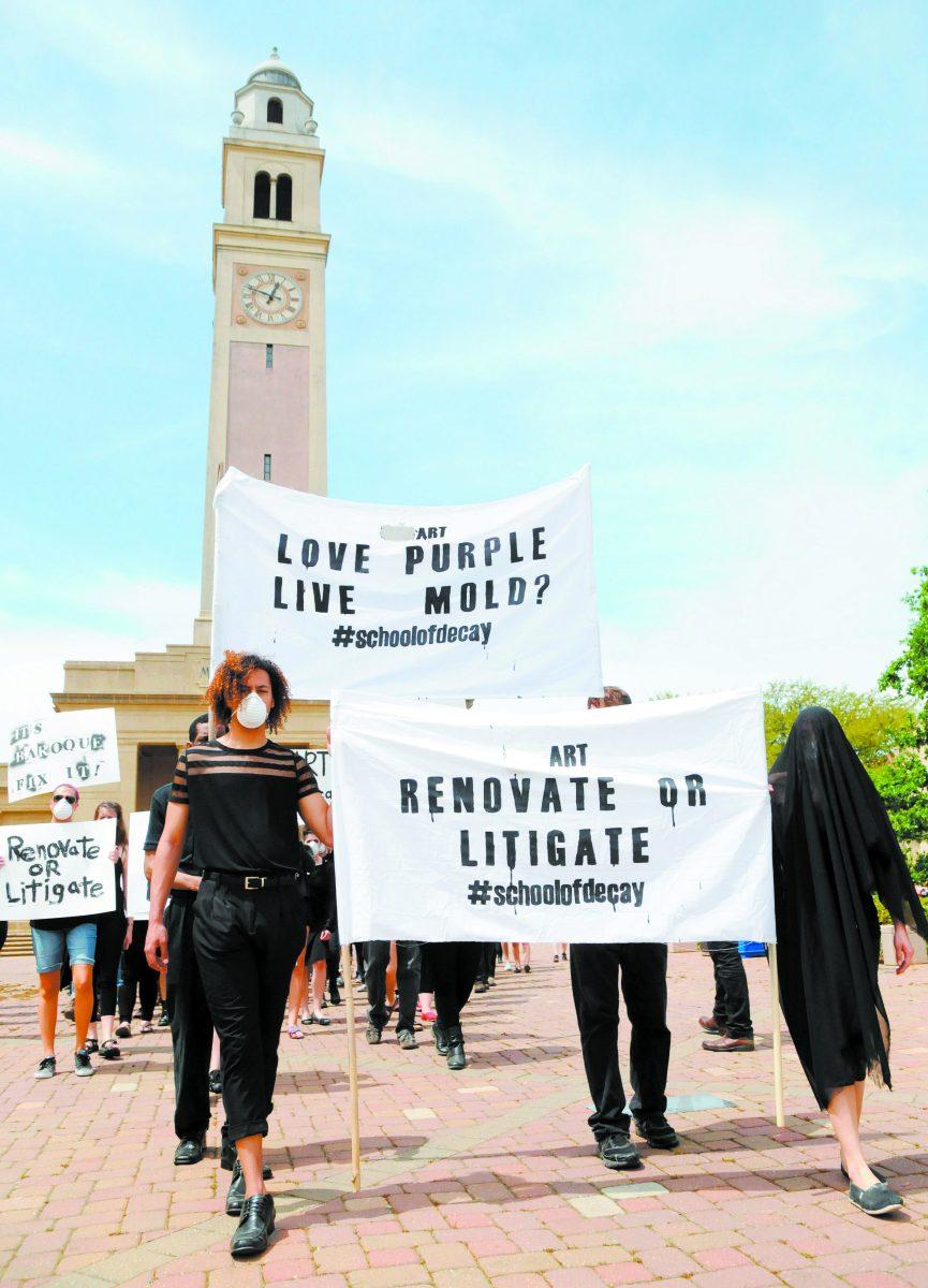 LSU art students protest the dilapidated state and hazardous conditions in the Ceramic Studio on April 3, 2014 infront of the Memorial Tower.