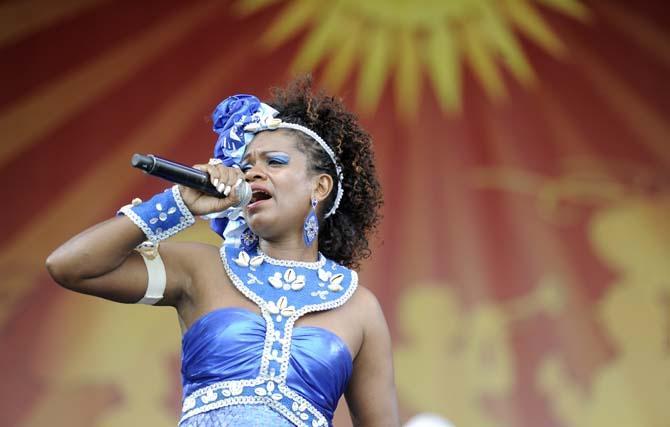 Brazillian group Afoxe Omo Nile Ogunja performs Saturday, April 26, 2014, during the New Orleans Jazz and Heratige festival in New Orleans.