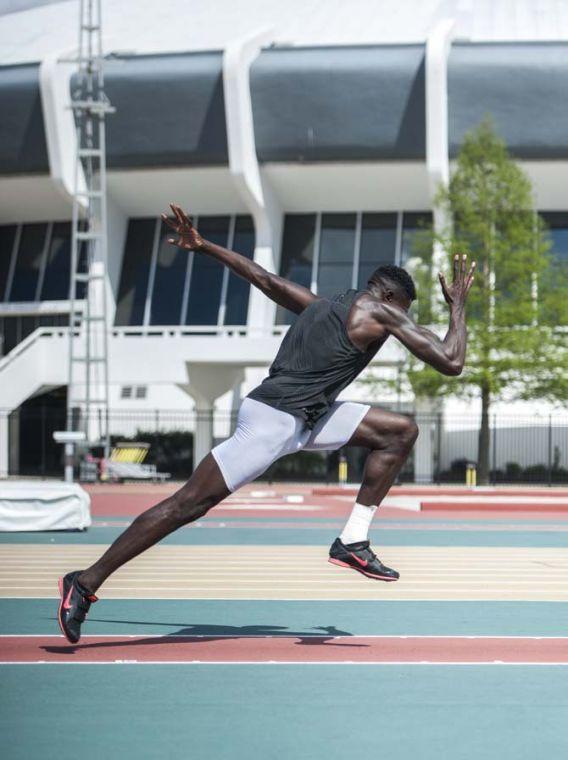 LSU freshman jumper Jonathan Pitt sprints down the track Tuesday, April 22, 2014 in Bernie Moore Stadium.