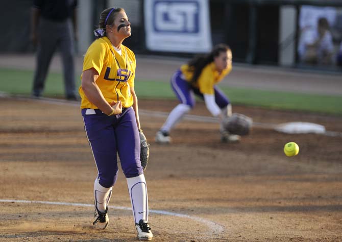 LSU freshman pitcher Baylee Corbello (19) throws a pitch Wednesday, April 23, 2014 during the Lady Tigers' 6-1 victory against the University of South Alabama at Tiger Park.