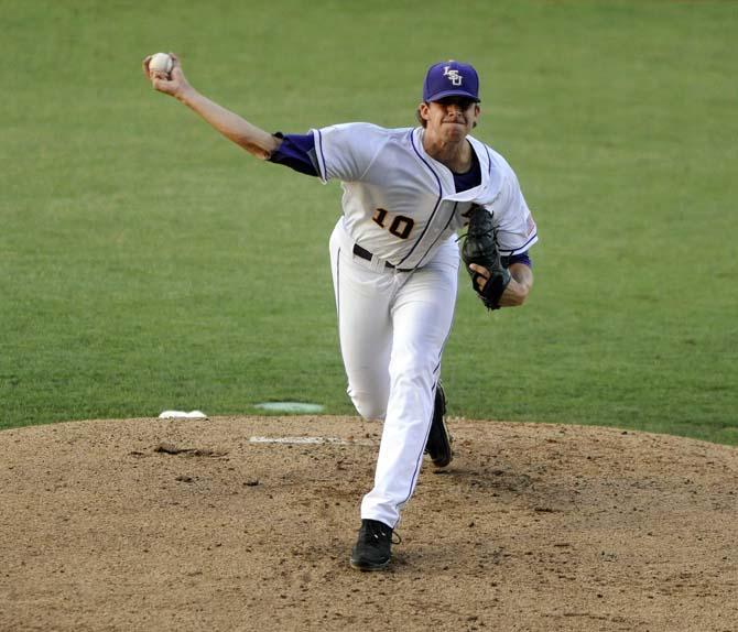 LSU junior pitcher Aaron Nola (10) pitches to the plate Friday, April 25, 2014 during the Tigers' 8-7 victory against Tennessee at Alex Box Stadium.