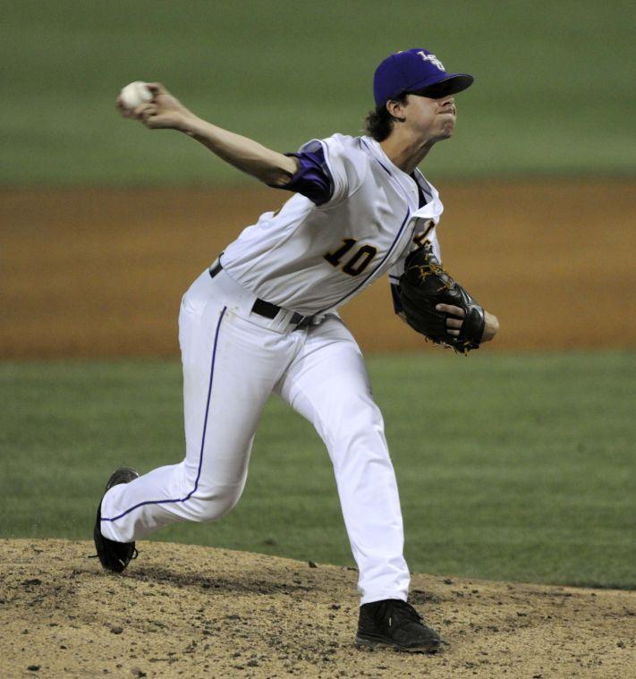 LSU junior pitcher Aaron Nola (10) pitches the ball during the Tigers' 3-0 victory against Mississippi State on Friday, April 4, 2014 at Alex Box Stadium.