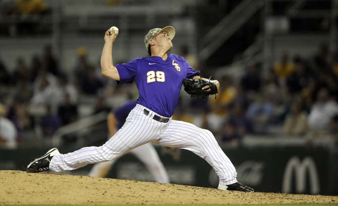 LSU senior pitcher Nate Fury (29) throws the ball Tuesday, April 22, 2014, during the Tigers' 6-0 against Tulane in Alex Box Stadium.