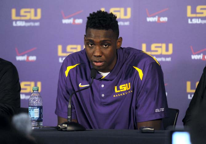 LSU junior forward Johnny O'Bryant III speaks to reporters Tuesday, April 1, 2014, during a press conference in the LSU Basketball Practice Facility.