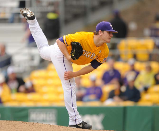 LSU junior left-handed pitcher Kyle Bouman pitches Sunday, April 6, 2014 during the Tigers' 17-4 victory against Mississippi State at Alex Box Stadium.