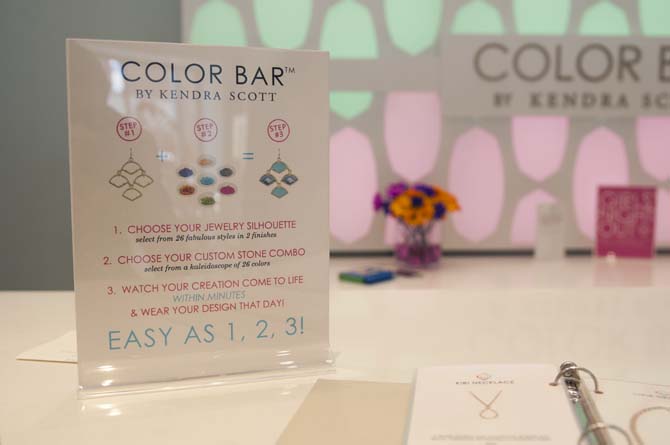 The color bar allows for custom jewlery decisions Wednesday, April, 23, 2014 at Kendra Scott Jewlery located in Perkins Rowe shopping center.