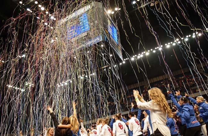 The Florida and Oklahoma gymnastics teams tied for first place with a score of 198.175 on Saturday, April 19, 2014 at the NCAA Super Six Finals in Birmingham, Ala.