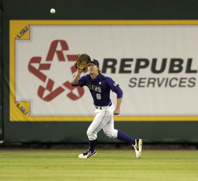 LSU sophomore outfielder Andrew Stevenson (6) catches a pop up&#160;Saturday, March 8, 2014 during the Tigers' 4-2 victory against Purdue at Alex Box Stadium.