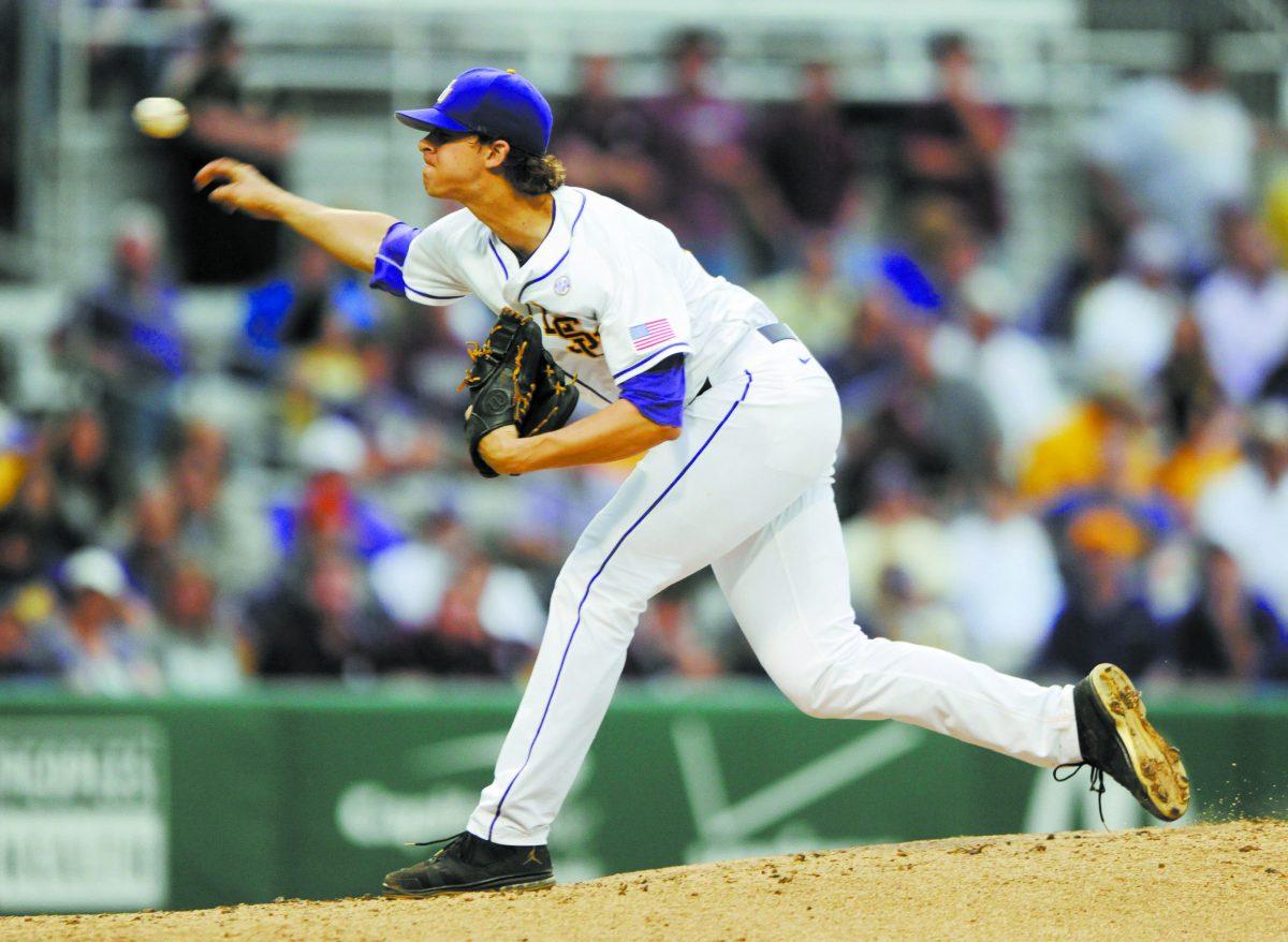 LSU junior pitcher Aaron Nola (10) pitches the ball during the Tigers' 3-0 victory against Mississippi State on Friday, April 4, 2014 at Alex Box Stadium.