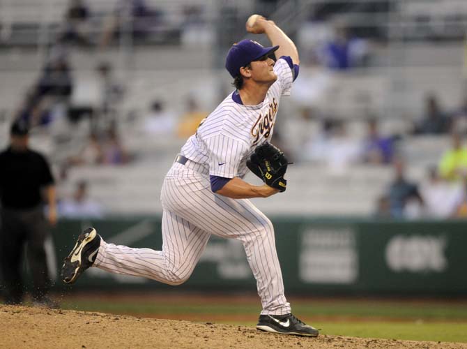 LSU junior left-handed pitcher Kyle Bouman (28) pitches the ball to home plate Tuesday, April 29, 2014, during the Tigers' 9-7 victory against Alcorn in Alex Box Stadium.